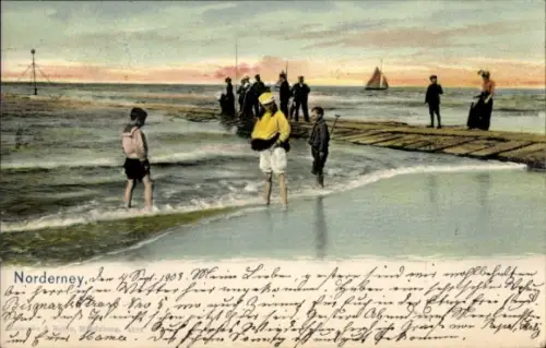 Ak Nordseebad Norderney Ostfriesland,  Kinder am Strand, Segelboot, Personen am Wasser