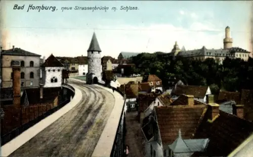 Ak Bad Homburg vor der Höhe Hessen,  neue Straßenbrücke, Schloss, farbige 