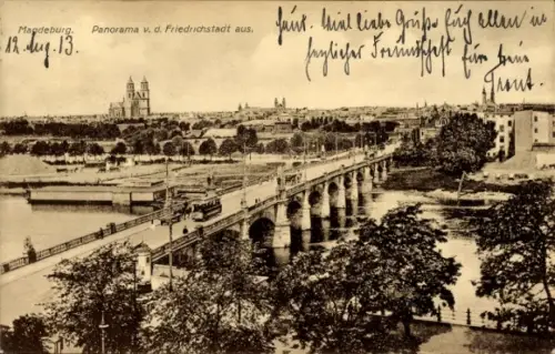 Ak Magdeburg an der Elbe, Panorama von der Friedrichstadt aus, Brücke, Straßenbahn