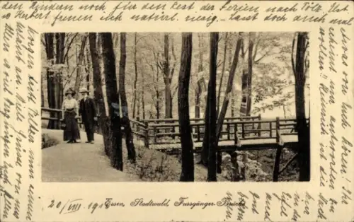 Ak Stadtwald Essen im Ruhrgebiet, Zwei Personen im Stadtwald, Brücke, Bäume, 