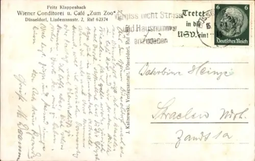 Ak Düsseldorf am Rhein, Wiener Conditorei und Café Zum Zoo, Fritz Klappenbach, Lindemannstr. 2