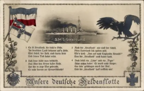 Ak Deutsches Kriegsschiff SMS Stralsund, deutsche Heldenflotte, Kaiserliche Marine, Gedicht, GLK