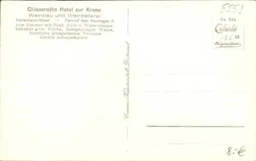 Ak Trittenheim an der Mosel, Clüsseraths Hotel zur Krone, Terrasse