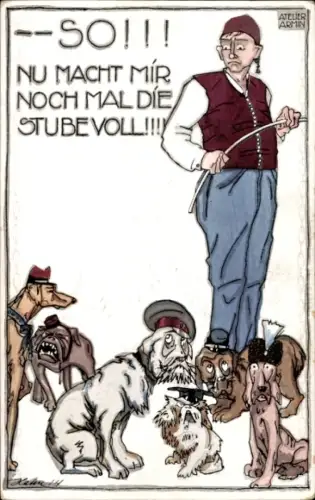 Künstler Ak Deutscher Michel mit Hunden, Nu macht mir noch mal die Stube voll, Lustige Blätter