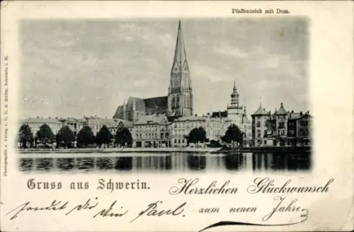 Ak Schwerin in Mecklenburg, Pfaffenteich mit Dom, Gruss aus  