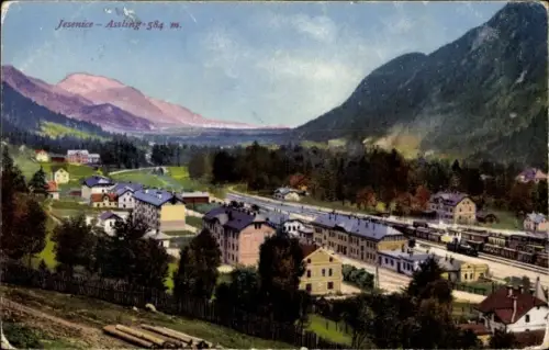 Ak Jesenice Aßling Slowenien, Jesenice-Assling 584 m, Berge, Häuser, Eisenbahn, Landschaft