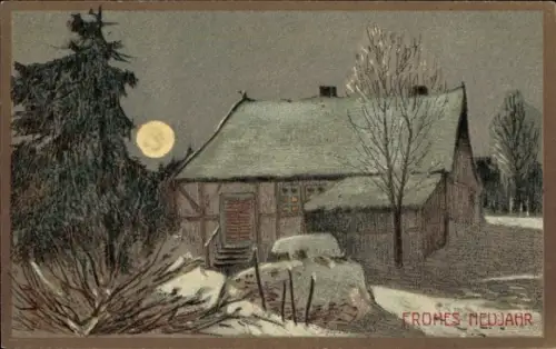 Ak Glückwunsch Neujahr, Wohnhaus, Tannenbaum, Schnee