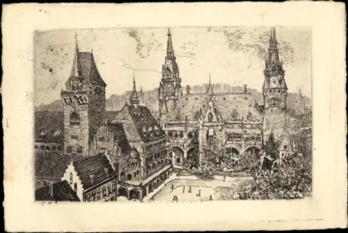 Künstler Ak Aachen in Nordrhein Westfalen, Marktplatz, Kirche