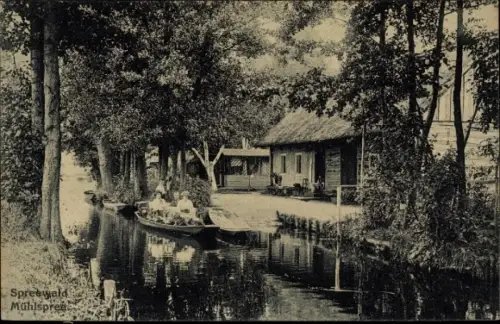 Ak Burg im Spreewald, Blick auf die Mühlspree, Kahn mit Passagieren, Haus
