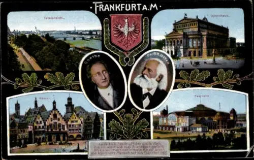 Ak Frankfurt am Main, Totalansicht, Opernhaus, Goethe, Friedrich Stoltze, Römer, Festhalle