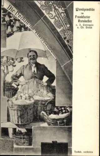 Ak Frankfurt am Main, Wandgemälde im Ratskeller, Frau am Stand, Obstkörbe, J. Correggio