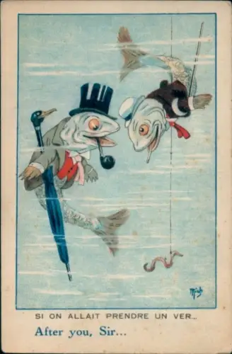 Künstler Ak Vermenschlichte Tiere, Angeln, Köder, Regenwurm