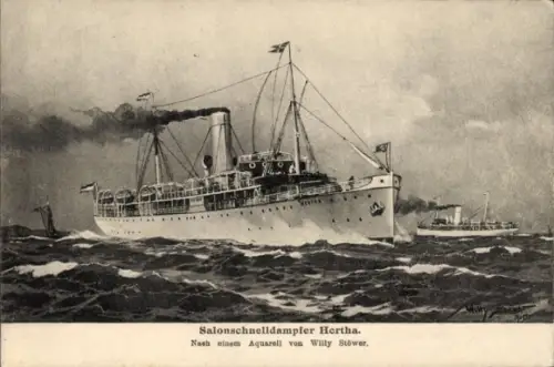 Künstler Ak Stöwer, Willy, Salonschnelldampfer Hertha, Reederei Braeunlich Stettin