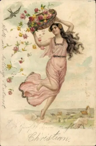 Glitzer Litho Frau mit Blumenkorb, Rosen