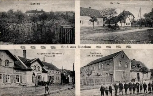 Ak Dieskau im Saalekreis, Schloß, Schule, Allgemeiner Konsum, Gasthaus, Gruß aus Dieskau