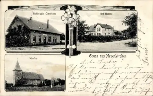 Ak Neuenkirchen Vorpommern, Kirche, Bollweg's Gasthaus, Hof-Helms, Gruss aus Neuenkirchen