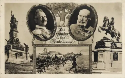 Ak Die Schützer des Deutschtums, Kaiser Wilhelm II., Kaiser Franz Joseph I., Denkmäler
