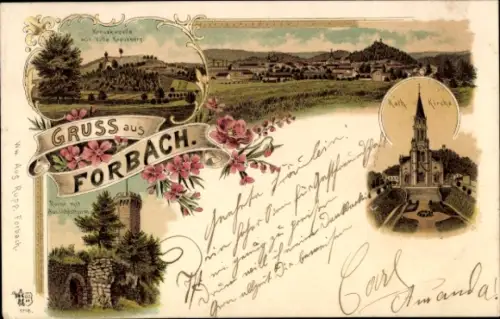 Litho Forbach Lothringen Moselle, Kirche, Kreuzkapelle, Villa Kreuzberg, Ruine, Aussichtsturm