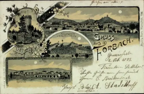 Mondschein Litho Forbach Lothr. Moselle, Kaserne, Kreuzkapelle, Villa Kreuzberg