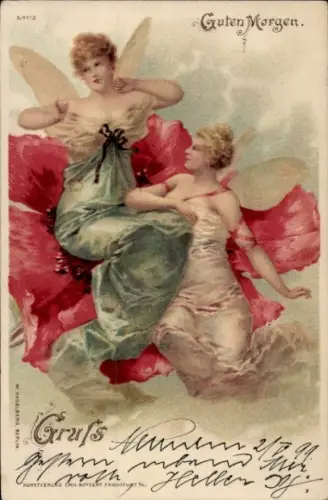 Litho Guten Morgen, Frauen mit Schmetterlingsflügeln in einer Blüte
