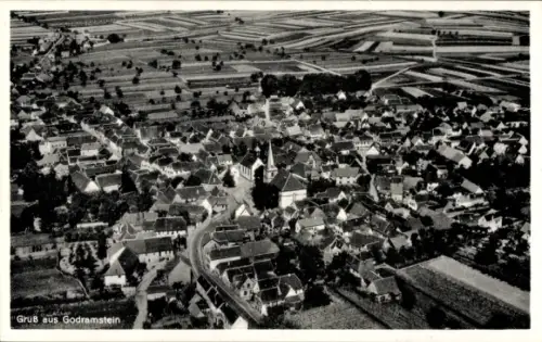 Ak Godramstein Landau in der Pfalz, Luftaufnahme von  Wohnhäuser, Felder, Kirche