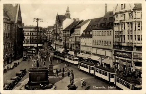 Ak Chemnitz in Sachsen, Markt, Denkmal, Film-Eck, Straßenbahn, Geschäfte, Teppichhaus