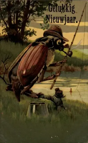 Ak Vermenschlichter Maikäfer mit Angel und Pfeife