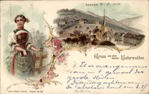 Litho Sarnen Kanton Obwalden, Gesamtansicht, Frau in Volkstracht