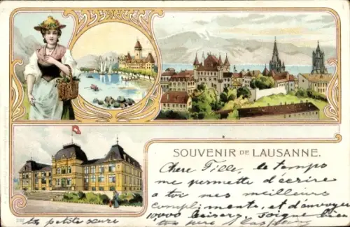 Ak Lausanne Kanton Waadt, Gesamtansicht, Frau in Tracht