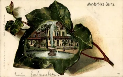 Präge Efeublatt Litho Mondorf les Bains Bad Mondorf Luxemburg, Entree du Parc, Fontäne