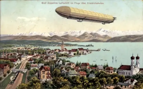 Ak Friedrichshafen am Bodensee, Gesamtansicht, Luftschiff, Zeppelin