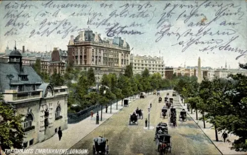 Ak Westminster London City, Thames Embankment,  Straßenansicht, Kutschen, Bäume