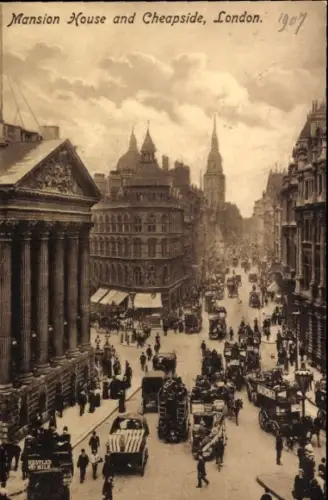 Ak Billingsgate London England, Mansion House, Cheapside, Straßenansicht, Fahrzeuge, Menschen