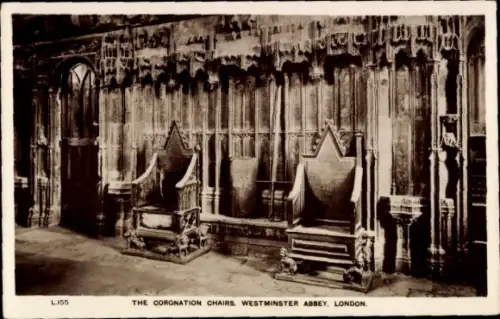Ak Westminster London City, Zwei Thronsessel, Westminster Abbey,  Schwarz-Weiß-Foto