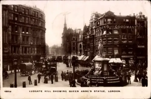 Ak Aldwych London, Ludgate Hill, Queen Anne's Statue,  Gebäude, Pferdekutschen