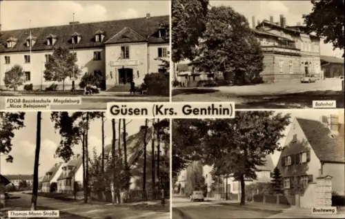 Ak Güsen Elbe Parey, Bahnhof, FDGB Bezirksschule Magdeburg Nicos Belojannis, Breiteweg