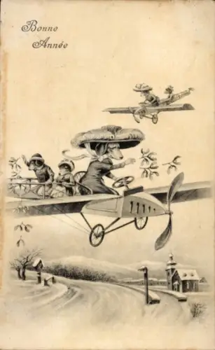 Ak Glückwunsch Neujahr, Vermenschlichte Dackel, Flugzeug, Mistelzweige