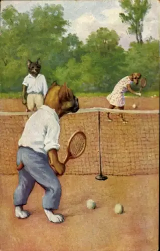 Künstler Ak Vermenschlichte Hunde auf dem Tennisplatz