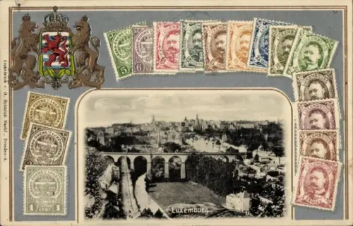 Präge Passepartout Briefmarken Wappen Ak Luxemburg Luxembourg, Gesamtansicht