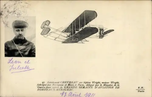 Ak Lieutenant Chevreau sur Biplan Wright, Pilot, Flugzeug