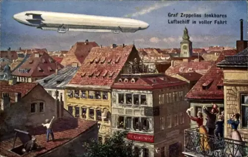 Künstler Ak Zeppelin über einer Stadt, Zuschauer auf den Hausdächern, Luftschiff