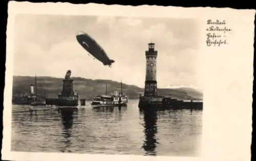 Ak Lindau am Bodensee Schwaben, Hafeneinfahrt, Zeppelin