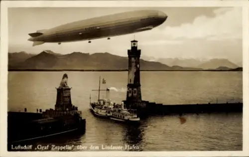 Ak Lindau in Bodensee Schwaben, Graf Zeppelin, LZ 127, Lindauer Hafen, Salondampfer