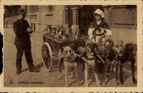 Ak Milchmädchen in belgischer Tracht, Hundekarren, Polizist