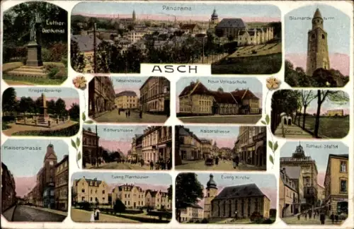 Ak Aš Asch Region Karlsbad, Lutherdenkmal, Kaiserstraße, Ev. Kirche, Rathausstaffel,Neue Volksschule