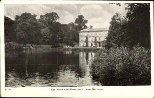 Ak Kew London Borough of Richmond upon Thames, Teich und Museum I,  Wasser, Bäume, Gebäude