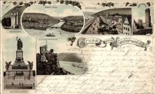Litho Rüdesheim am Rhein, Schloss Rheinstein, National Denkmal, Mäuseturm, Ruine Ehrenfels