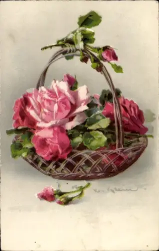 Künstler Ak Klein, Catharina, Rosen, Blumenkorb
