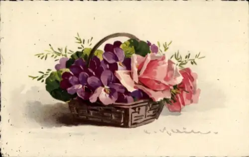 Künstler Ak Klein, Catharina, Blumenkorb, Rosen, Veilchen