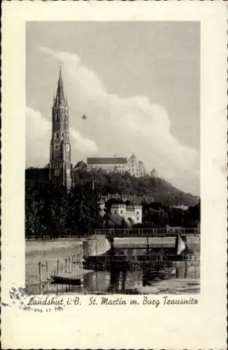 Ak Landshut in Niederbayern,  St. Martin, Burg Trausnitz, Fluss, Brücke